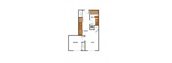 A floor plan of a small apartment with a bedroom, kitchen, and bathroom.