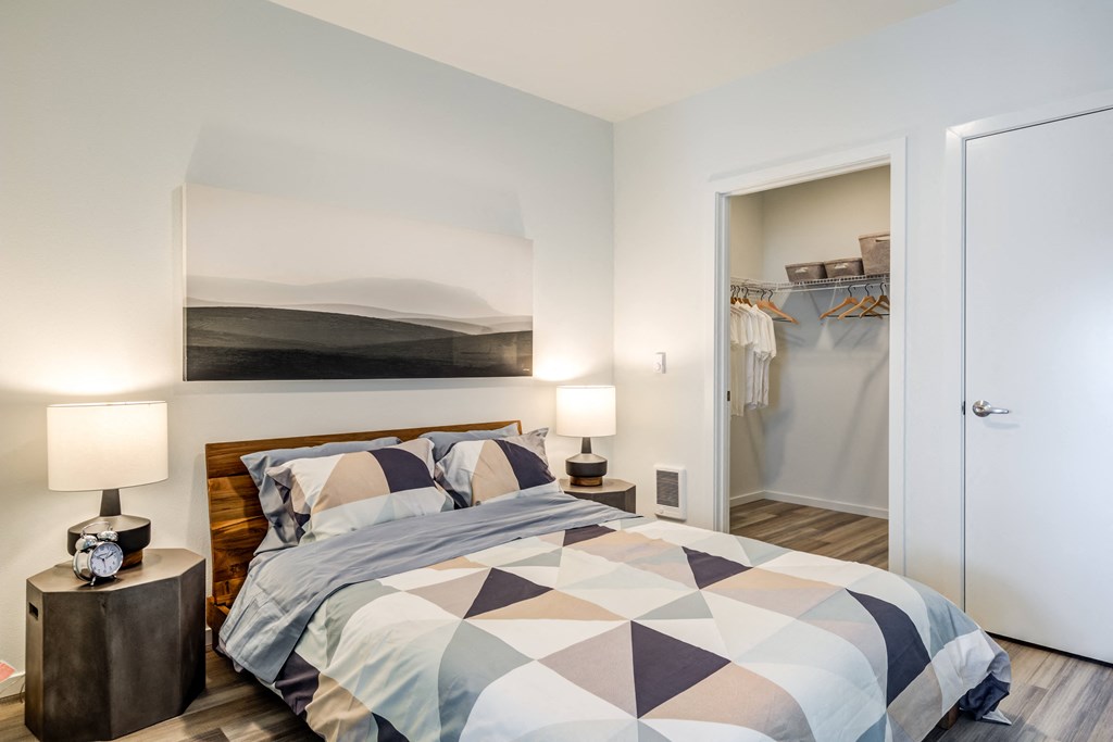 a bedroom with a bed and a closet