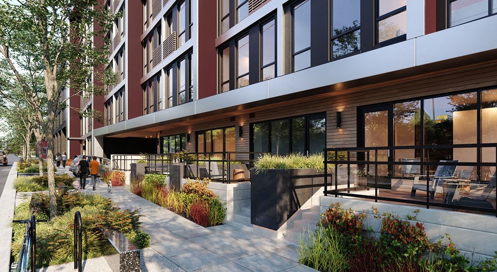 a rendering of the exterior of a building with plants and a sidewalk