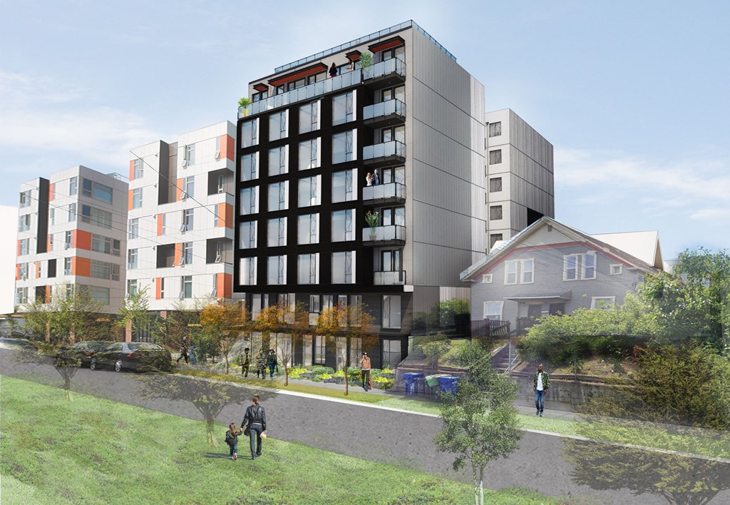 a rendering of a tall building with a yard in front of it