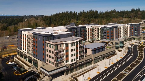an aerial view of an apartment complex in a city