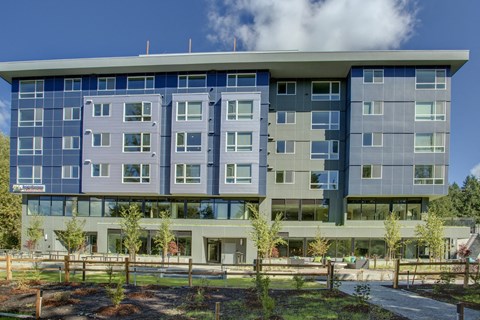 a building with blue and green facade and a pathway