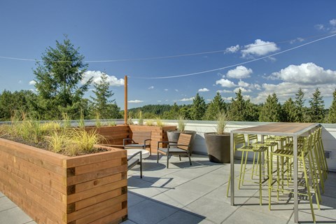 a rooftop patio with tables and chairs and plants