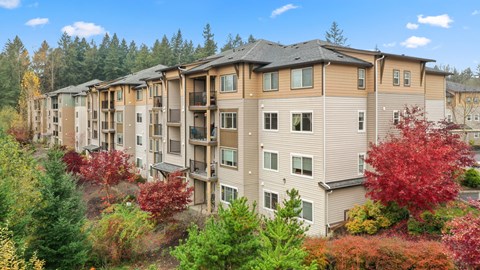 A row of apartment buildings with trees around