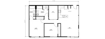 A floor plan of a house with a living room, two bedrooms, a bathroom, and a kitchen.