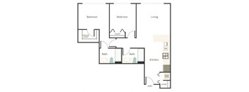 A floor plan of a home with two bedrooms, two bathrooms, a living room, a kitchen, and a walk-in closet.