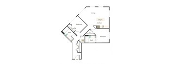 A floor plan of a house with two bedrooms, a bathroom, a kitchen, and a living room.