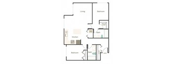 A floor plan of a small apartment with a kitchen, two bedrooms, and a bathroom.