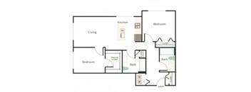 A floor plan of a home with a living room, kitchen, and two bedrooms.