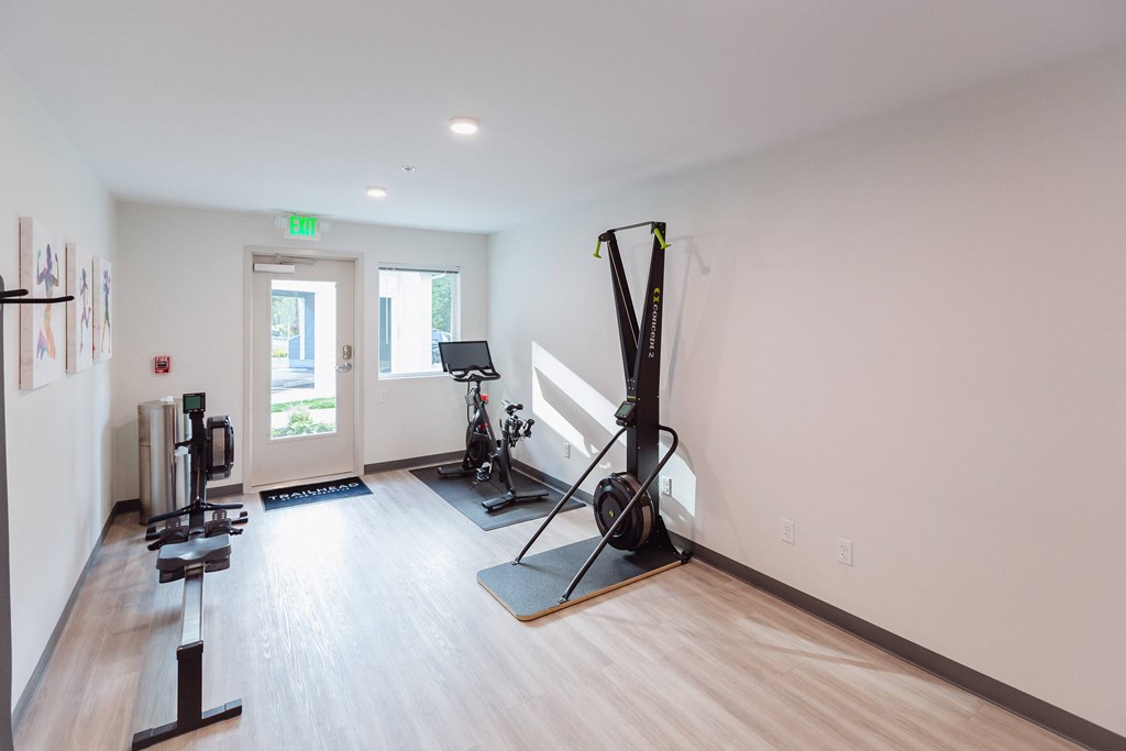 a workout room with a treadmill and other equipment in a home