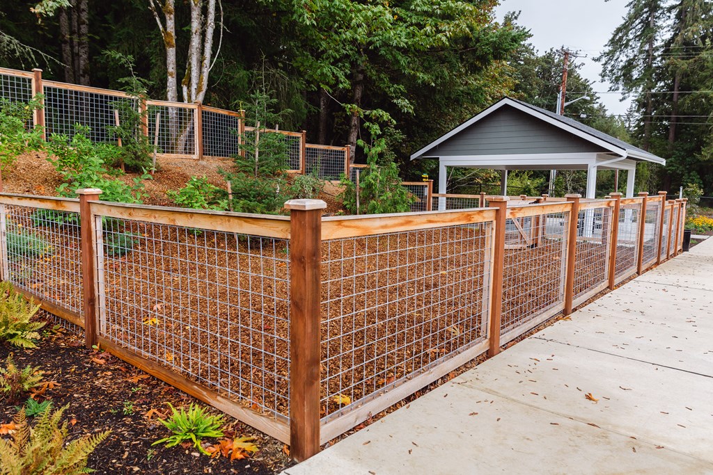 a garden with a fence and a house in the background