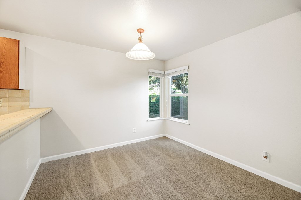 a spacious living room with carpet and a window