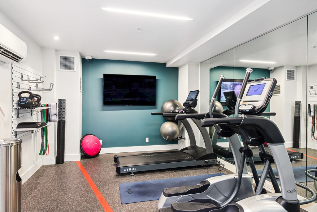 a gym with exercise equipment and a tv on the wall