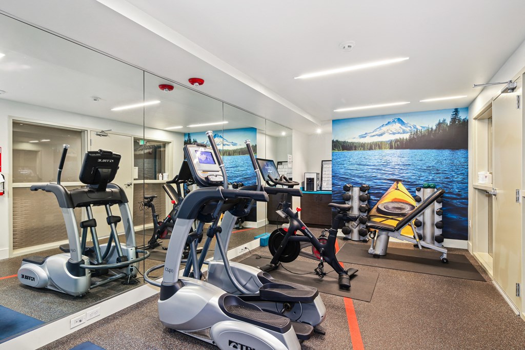 a gym with exercise equipment and a wall mural of the water and mountains