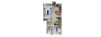 A top-down view of a small apartment layout with a kitchen, living room, and bedrooms.