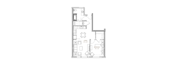 bedroom floor plan of a modern apartment with furniture and a balcony