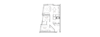 ground level floor plan of a house with a bedroom and a living room