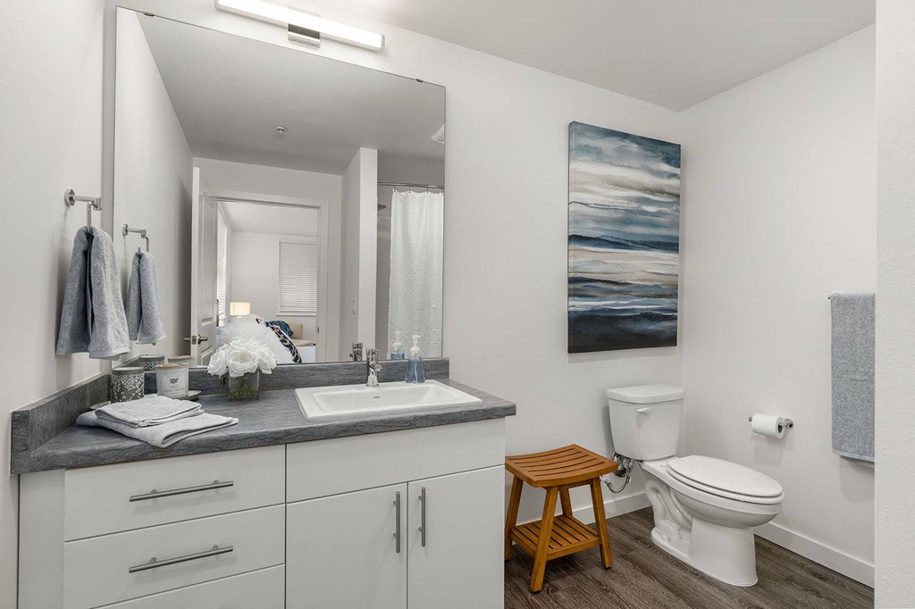 A bathroom with a white toilet, a sink, a mirror, and a painting on the wall.