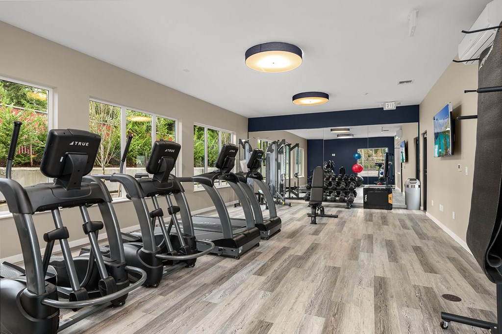 A gym with treadmills and a wooden floor.