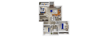 A top-down view of a small apartment layout with a kitchen, living room, and bedrooms.