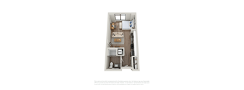 a stylized floor plan with a bedroom and a bathroom