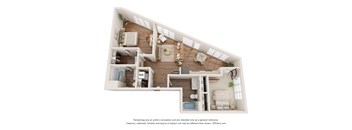 a stylized floor plan with a bedroom and a living room