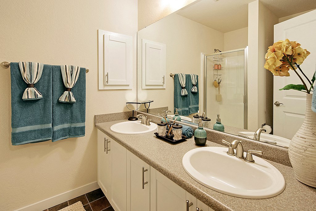 a bathroom with two sinks and a mirror