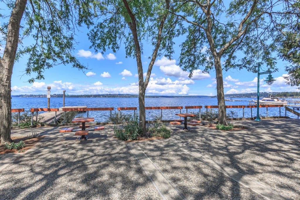 a picnic area by the water with benches and trees