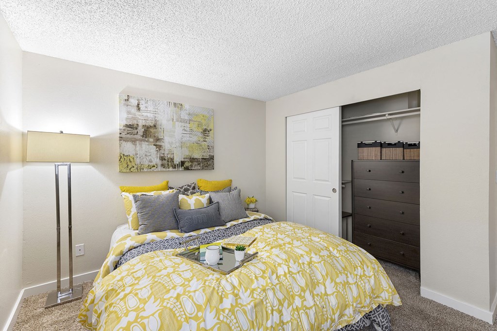 a bedroom with a bed and a closet