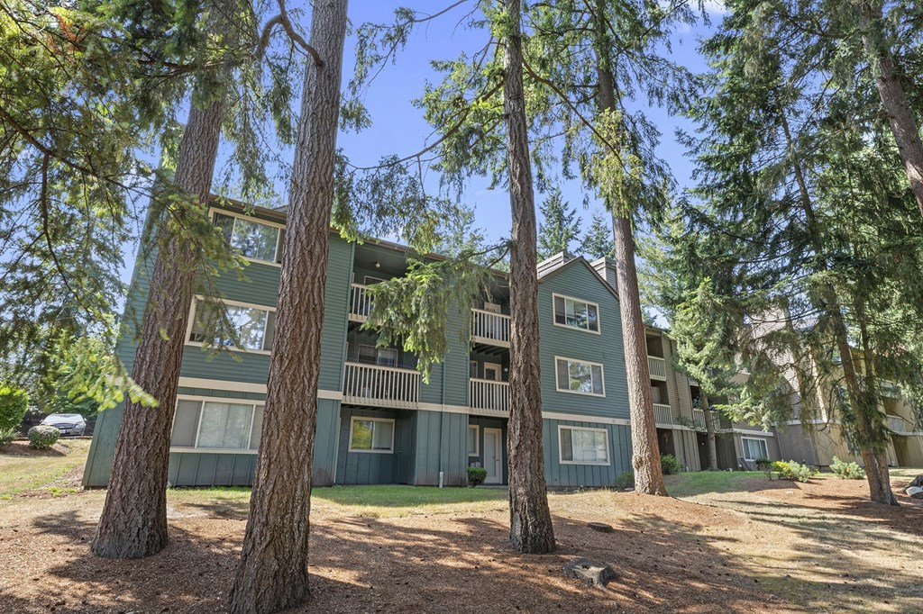 exterior view of a green apartment building with trees