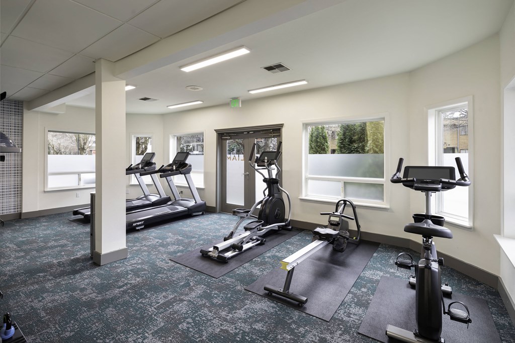 a gym with exercise equipment and windows in a building