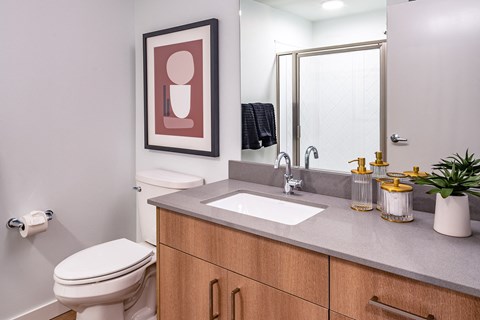 ensuite bathroom with toilet sink and mirror at the district flats apartments