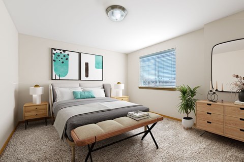 A bedroom with a bed, nightstands, a bench, and a plant.