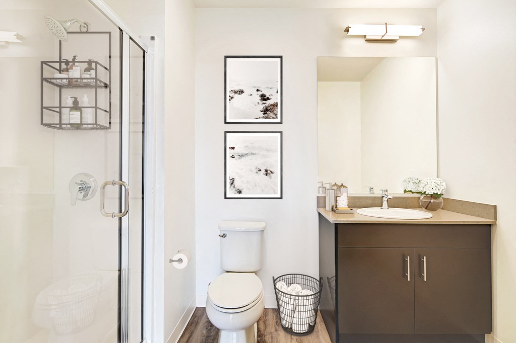 a bathroom with a toilet and a sink and a shower