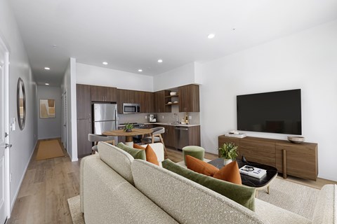 A modern living room with a couch, a coffee table, and a television.