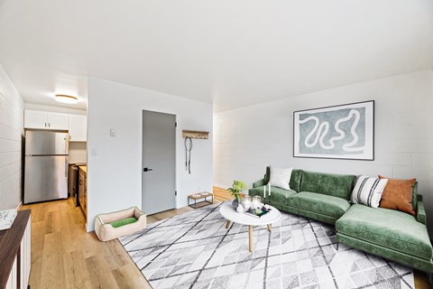 a living room with a green couch and a rug