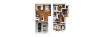 A top down view of a house layout with two cars parked in the garage.