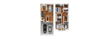 A top down view of a house with a kitchen, living room, and two bedrooms.