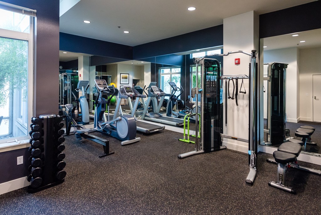 a spacious fitness room with cardio machines and weights