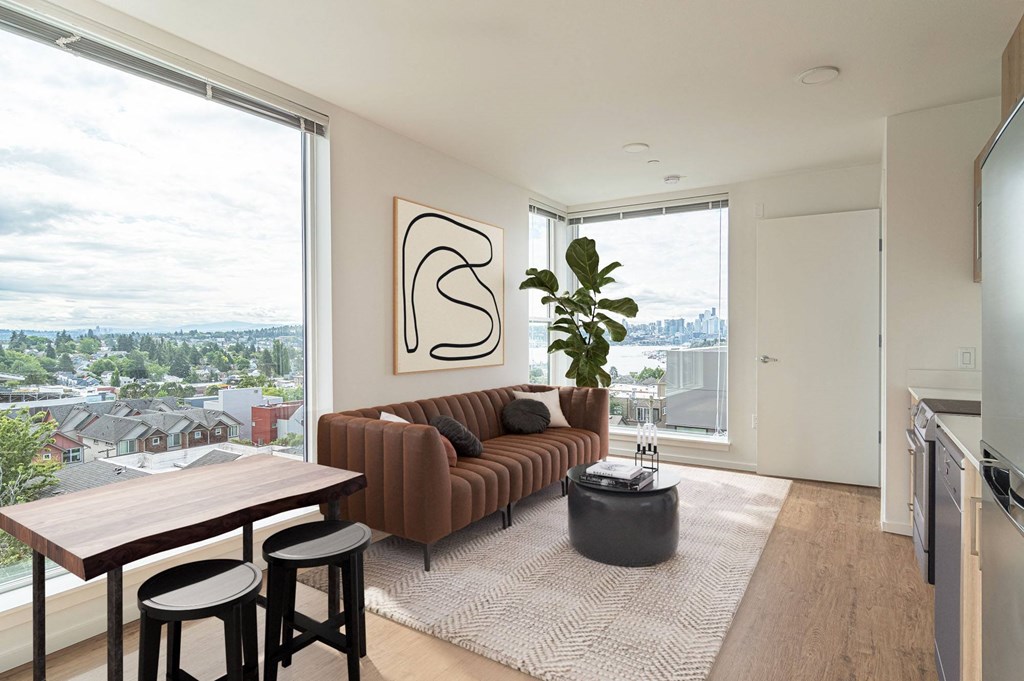 a living room with a couch and a table