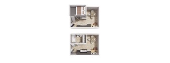 Two images of a dollhouse living room and kitchen.