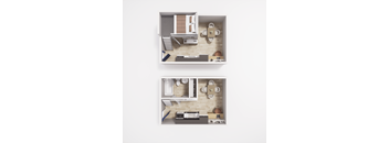 A top and bottom view of a small apartment with a kitchen, living room, and bathroom.