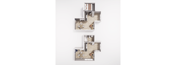 A white image of a house with two floors and a staircase.