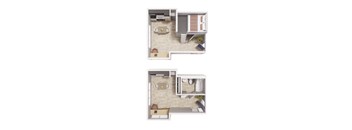 Two images of a house layout with a kitchen, living room, and bathroom.