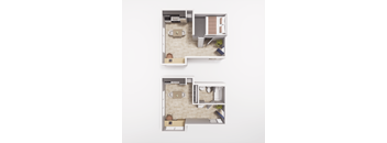 A floor plan of a two-bedroom apartment with a living room and kitchen.