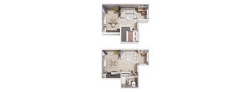 A floor plan of a two-story apartment with a living room, kitchen, and bedrooms.