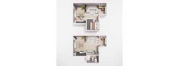 A top and bottom view of a kitchen and living room layout.