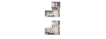 A set of three miniature model buildings.
