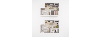 A floor plan of a two-story apartment with a living room, kitchen, and bathroom on each floor.
