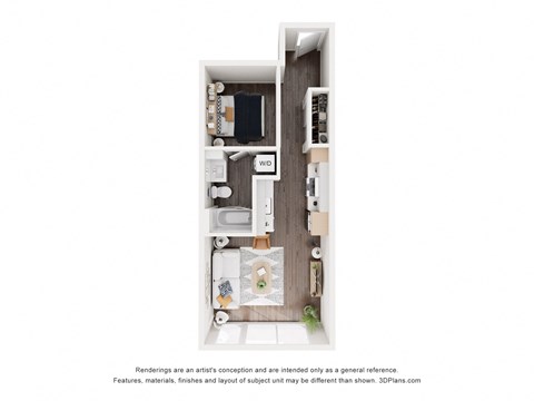 a floor plan of a studio apartment with a bedroom and a bathroom